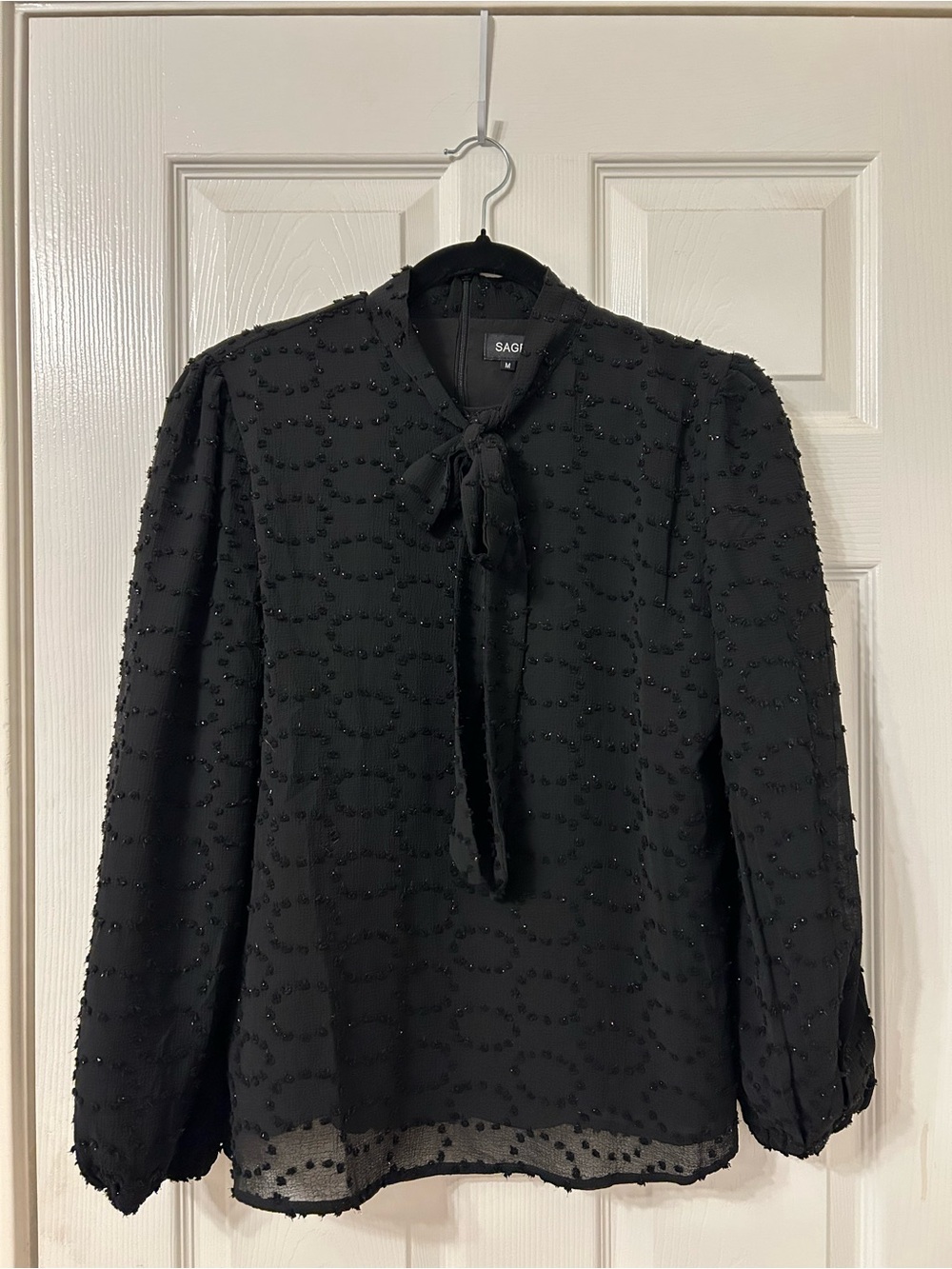 SAGE Black Swiss Dot Tie Neck Blouse